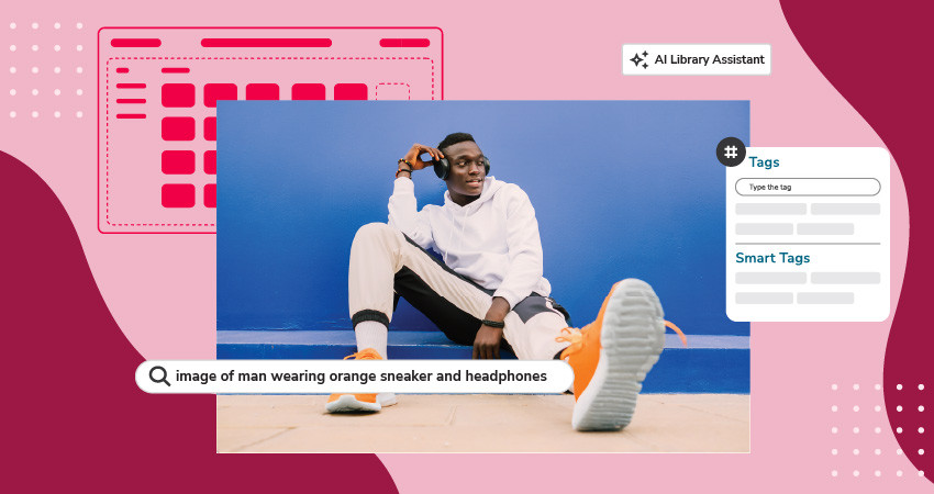 Key features of a cloud-based DAM platform like AI-powered search overlapped with an image of a man sitting.