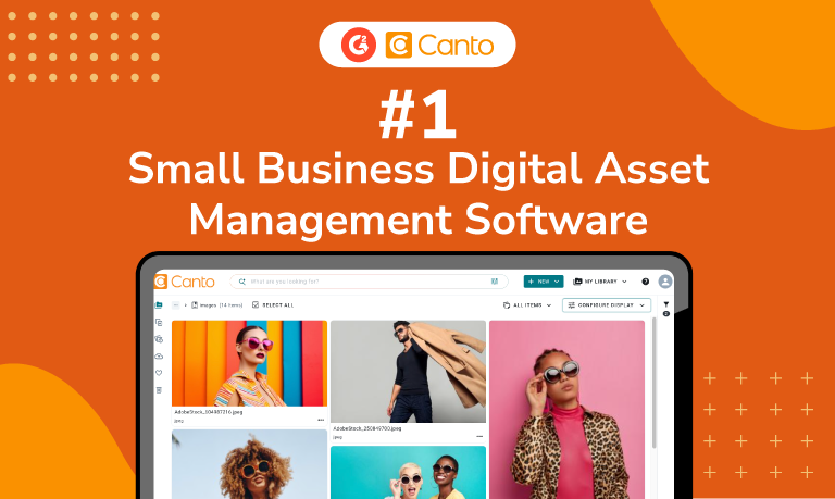Canto vs. Air comparison graphic on an orange background, highlighting Canto as the G2 #1 Small Business Digital Asset Management Software, with a screen mockup of the Canto DAM platform interface displaying a media library of fashion images.