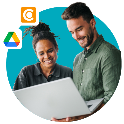 Two people comparing Google Drive vs DAM on a laptop over a blue background