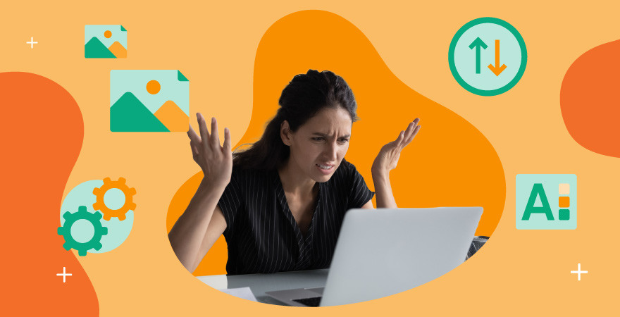 A confused woman looks at a laptop with green icons of gears, assets, arrows and style guides all over an orange background