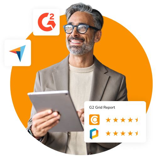 Canto vs. PhotoShelter comparison graphic showing a smiling businessman holding a tablet, with G2 Spring Grid Report ratings displaying 4.5 stars for both Canto and PhotoShelter on an orange background.