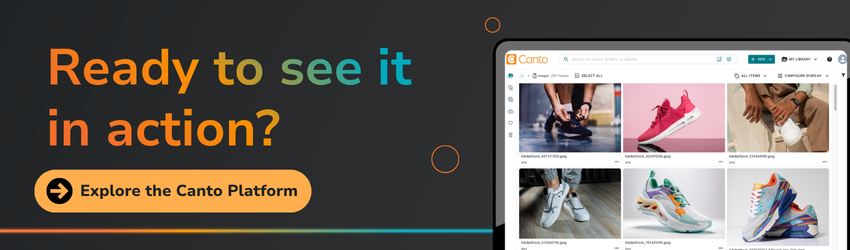 A call-to-action banner with the text 'Ready to see it in action?' alongside a screenshot of the Canto DAM platform displaying a grid of shoe product images, with a button reading 'Explore the Canto Platform