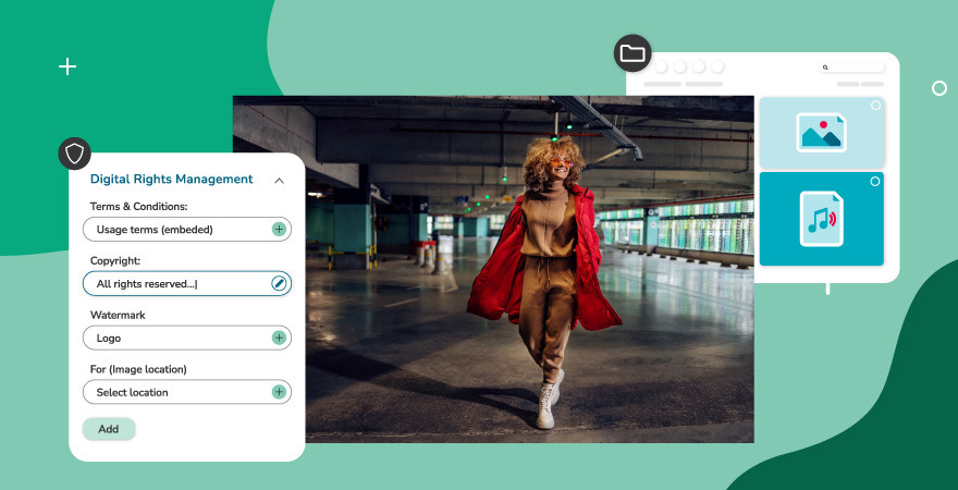 Image of a woman with a software platform's Digital Rights Management and Watermark selection box open over the top