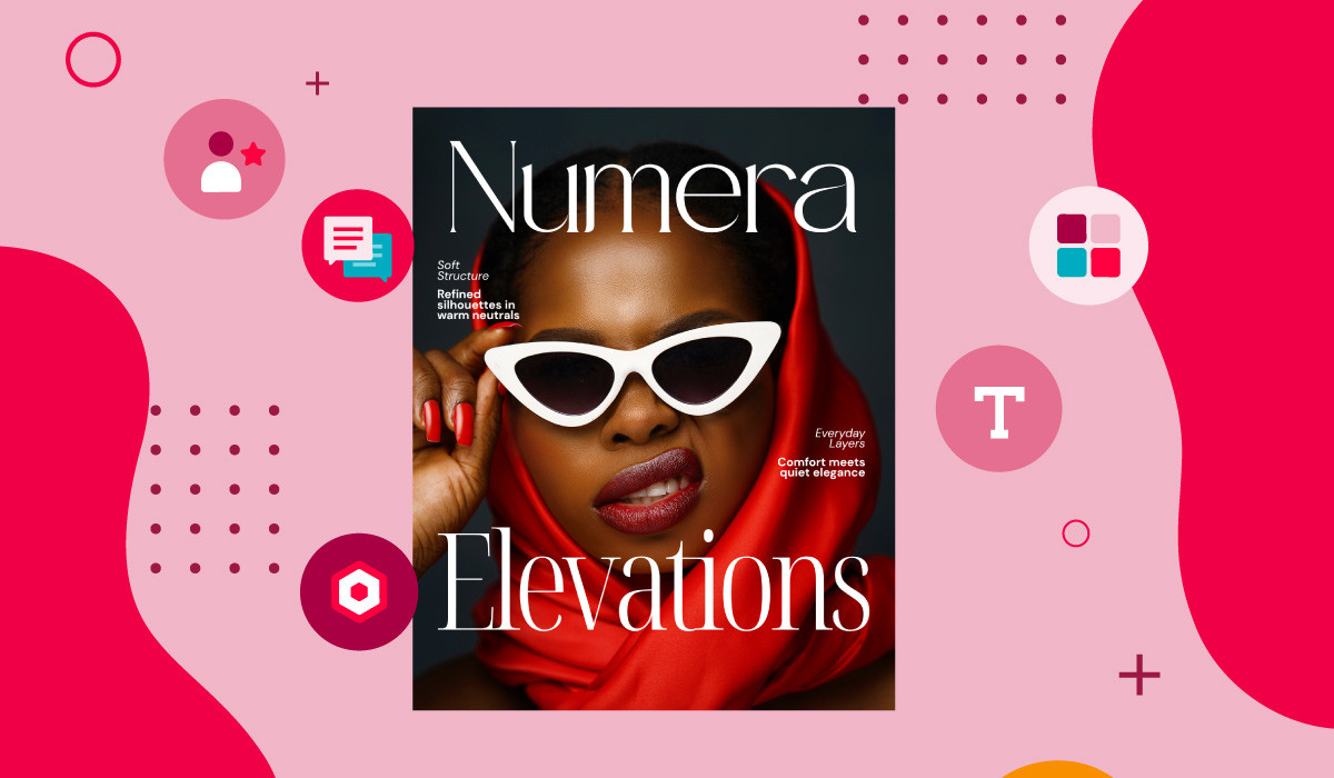 A fashion magazine cover for "Numera Elevations" featuring a model in white cat-eye sunglasses and a red wrap, surrounded by branded content management icons representing user permissions, messaging, typography, and color systems.