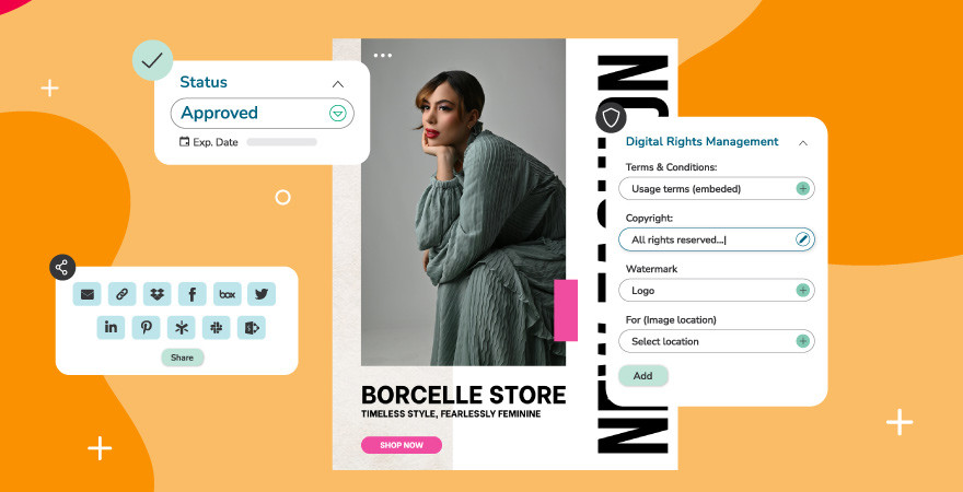 A Canto DAM interface illustration showing branded content workflow features including asset approval status, digital rights management settings, and multi-channel sharing options for a fashion retailer campaign image.