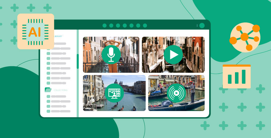 AI powered DAM platform on green background, icons showing different content types: audio, video, images.
