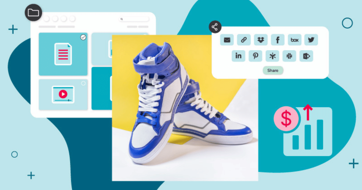 Brand assets — images, videos, files and more — are all part of brand positioning. Here brand assets are shown on a blue background