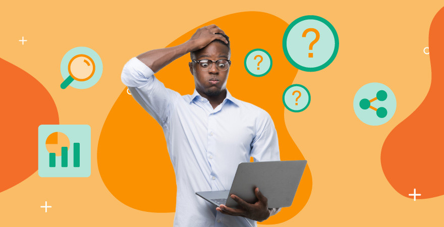 A frustrated marketer holding a laptop with his hand on his head, surrounded by question marks, a search icon, and analytics symbols, representing the challenges of a broken content supply chain