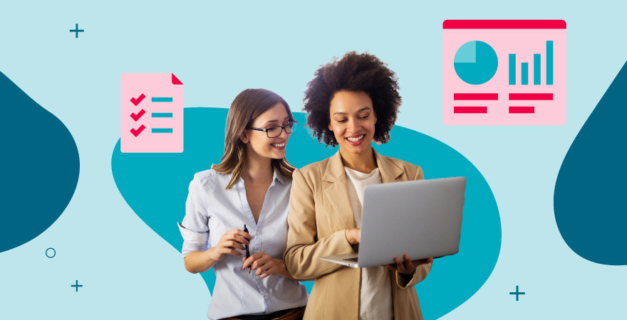 Two marketing team members smiling and reviewing content on a laptop, with icons representing a content checklist and performance analytics dashboard, illustrating a streamlined content supply chain workflow