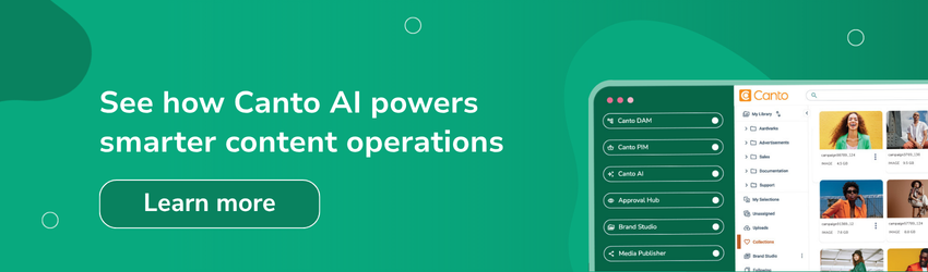 A call-to-action banner with the text 'See how Canto AI powers smarter content operations' on a green background, alongside a screenshot of the Canto platform showing its content supply chain modules including Canto DAM, Canto PIM, Canto AI, Approval Hub, Brand Studio, and Media Publisher, with a 'Learn more' button