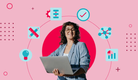 A marketing professional holding a laptop is surrounded by content supply chain workflow icons including ideation, creative tools, task management, approval, distribution, and analytics, illustrated on a pink background