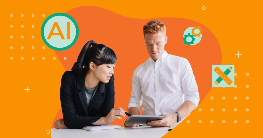 Two marketing professionals review content on a tablet together, surrounded by icons representing agentic digital asset management capabilities including AI automation, workflow configuration, and creative tools, on an orange background
