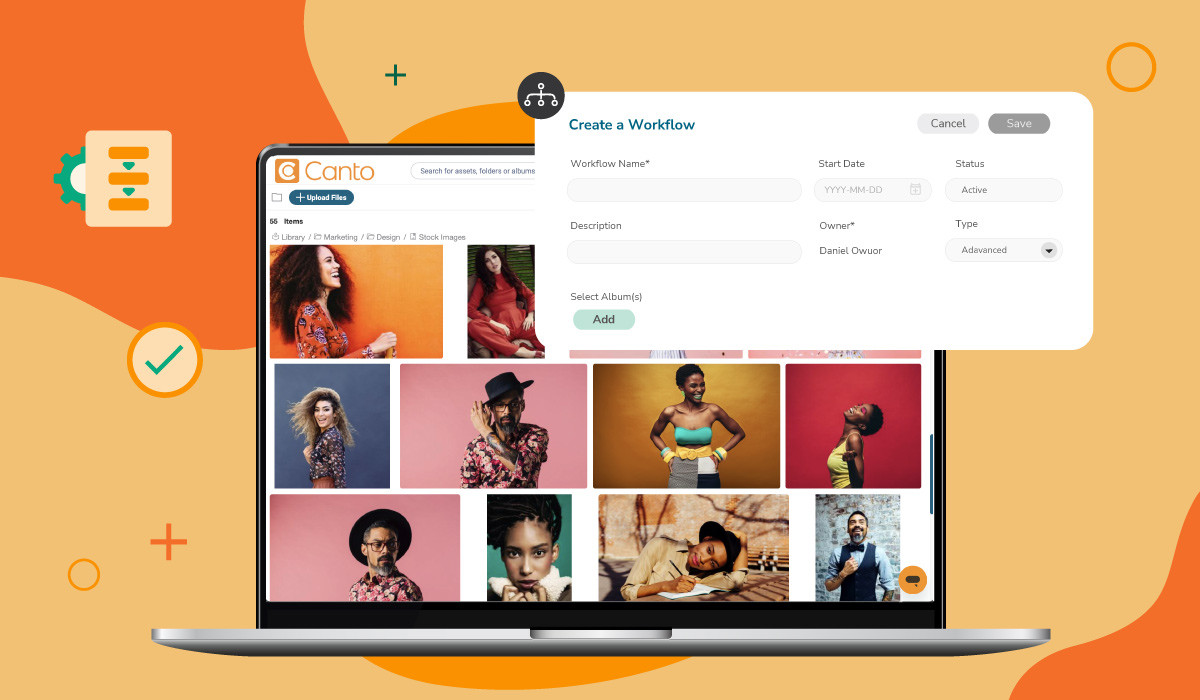 A laptop displaying the Canto DAM platform with a 'Create a Workflow' dialog open, showing fields for workflow name, start date, status, owner, and type, overlaid on a library of fashion and lifestyle photography assets, with workflow management icons on an orange background
