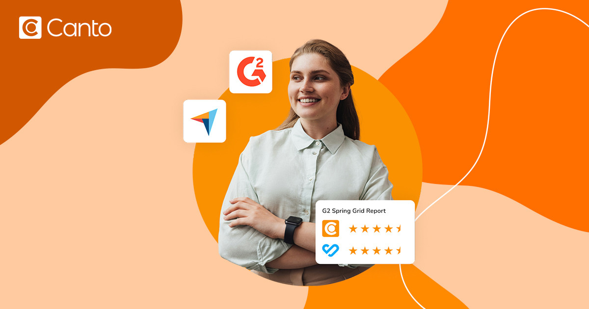 A smiling professional with arms crossed alongside a G2 Spring Grid Report showing comparable star ratings for Canto and Bynder, with the G2 and Bynder logos, positioning Canto as a leading Bynder alternative