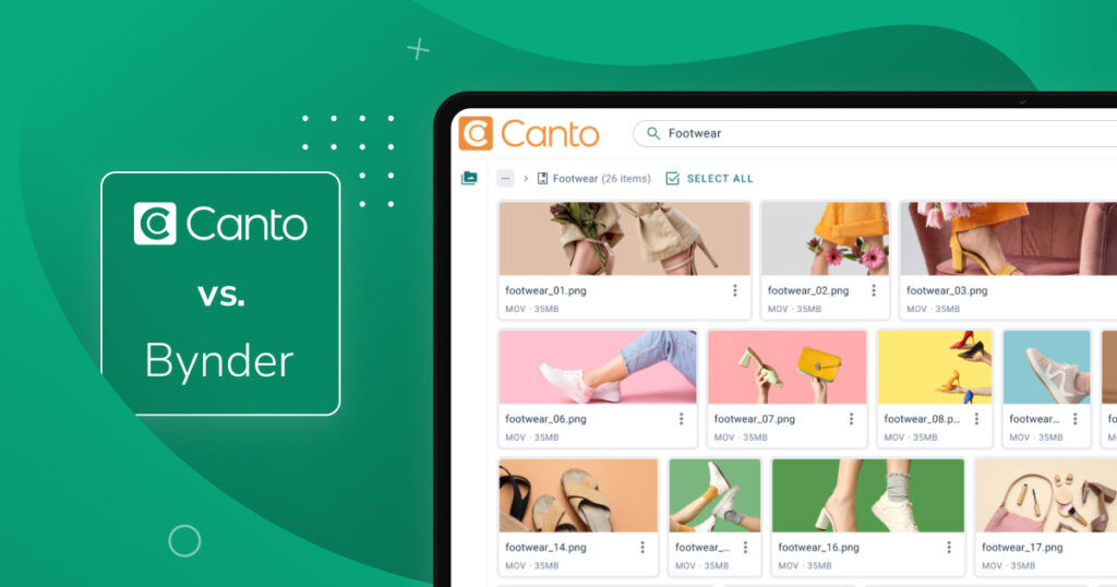 A 'Canto vs. Bynder' comparison graphic alongside a screenshot of the Canto DAM platform displaying a footwear asset library with 26 items in a grid view, illustrating Canto as a powerful Bynder alternative for managing visual content