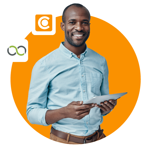Man holding an ipad comparing Canto ss WebDAM on an orange background