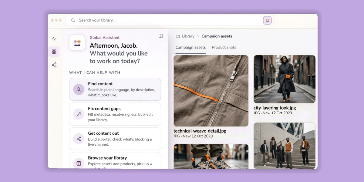 Graphic of Canto Global Assistant offering to assist updating content in the DAM platform over a purple background