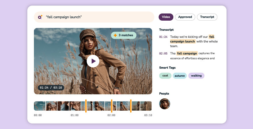 Video content management solutions search showing transcript matches, Smart Tags, and timeline markers