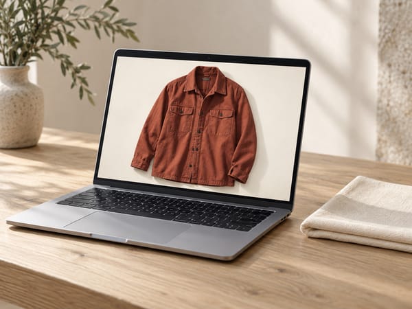 Ein Laptop auf einem Holzschreibtisch zeigt das Produktfoto des rostroten Overshirts