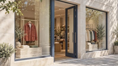 Eine Ladenfront aus Stein mit einem rostroten Overshirt im Schaufenster und offener Tür