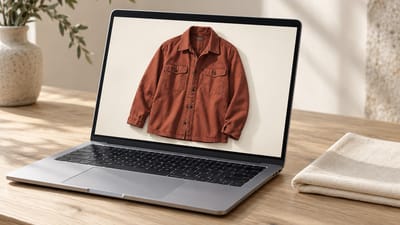 Ein Laptop auf einem Holzschreibtisch zeigt das Produktfoto des rostroten Overshirts