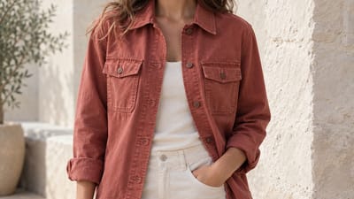 Eine Frau in einem rostroten Overshirt über einem weißen Top, eine Hand in der Hosentasche