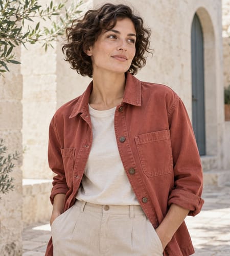 Eine Frau mit dunklen Locken in einem rostroten Overshirt, die Hände in den Taschen, in einem sonnigen Innenhof aus Stein