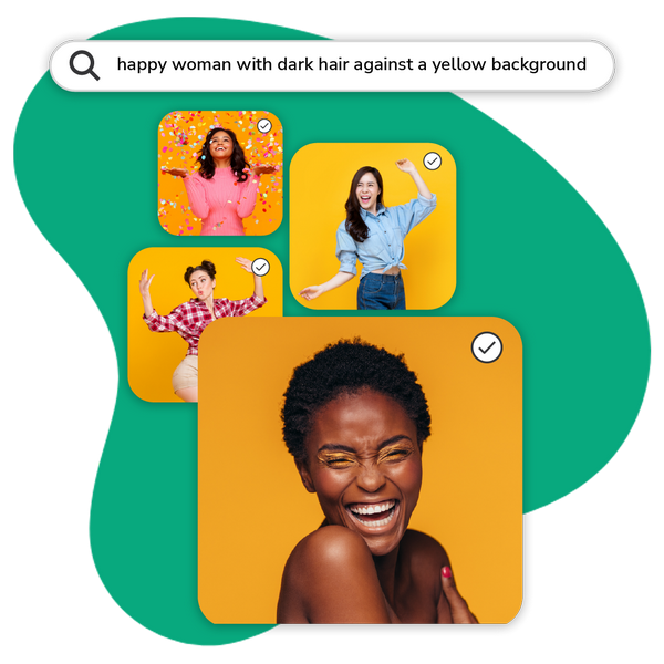 Collage aus einer Suchleiste und 4 Bildergebnissen, die jeweils eine glückliche Frau vor einem gelben Hintergrund zeigen