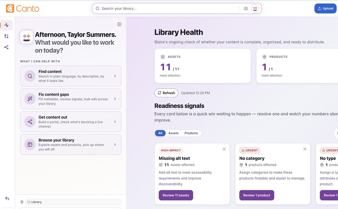 Blaire’s Library Health view in Canto: assets and products that need attention, each with a suggested fix