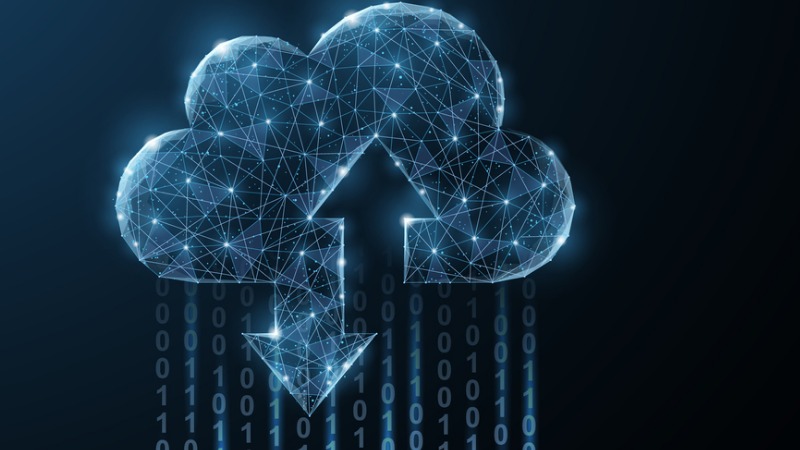 A cloud shaped of glowing interconnected points, signifying up- and download capabilties and raining data streams of ones and zeroes.