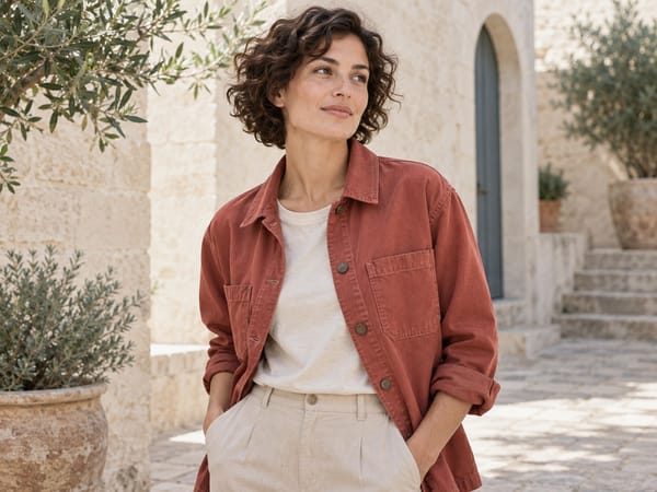 A woman with dark curls in a rust overshirt, hands in her pockets, in a sunlit stone courtyard
