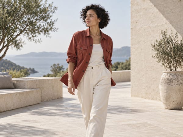 Video still: a woman in a rust overshirt and cream trousers walking across a terrace above the sea