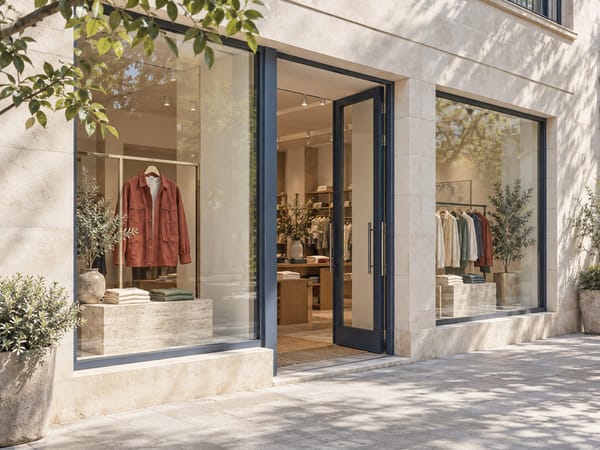 A stone shop front with a rust overshirt in the window and the door open