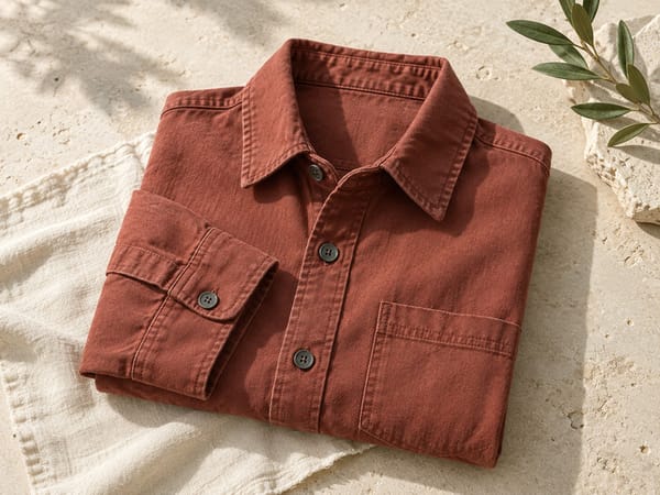 A folded rust shirt on a linen cloth beside an olive sprig