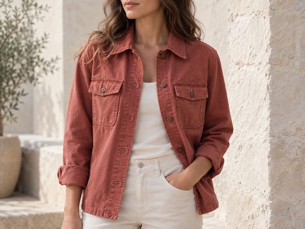 A woman in a rust overshirt over a white top, a hand in her trouser pocket