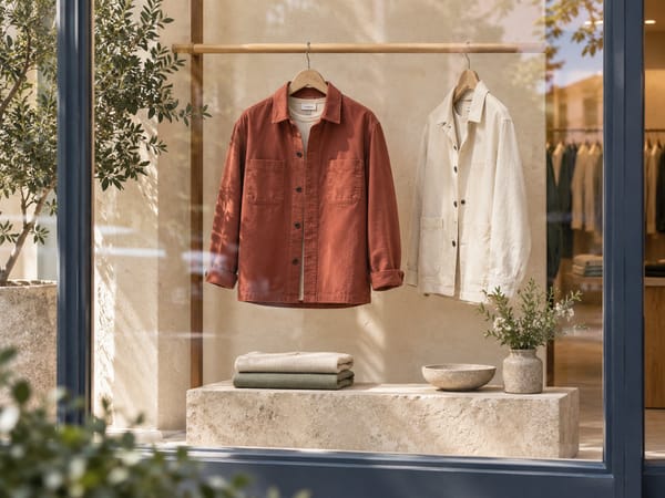 A shop window with a rust and a cream overshirt on a rail above folded knitwear