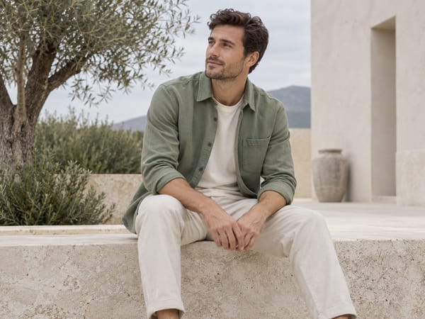A man in a sage green overshirt sitting on a stone ledge under an olive tree