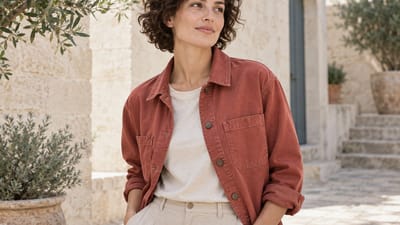 A woman with dark curls in a rust overshirt, hands in her pockets, in a sunlit stone courtyard