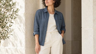 A woman in a blue linen shirt and cream trousers leaning against a stone wall
