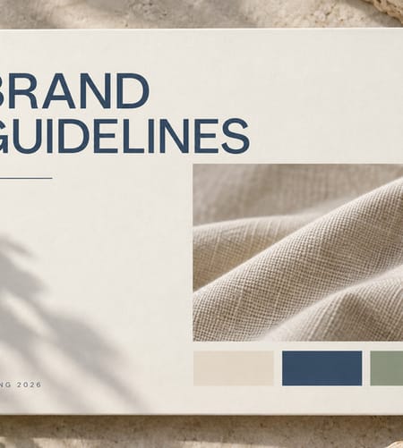 The cover of the brand guidelines: the title over a linen swatch and a row of colour chips