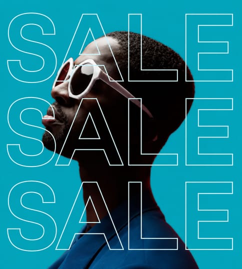 Sale campaign portrait in white sunglasses on blue