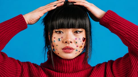 Woman in a red sweater with jewel stickers on her face