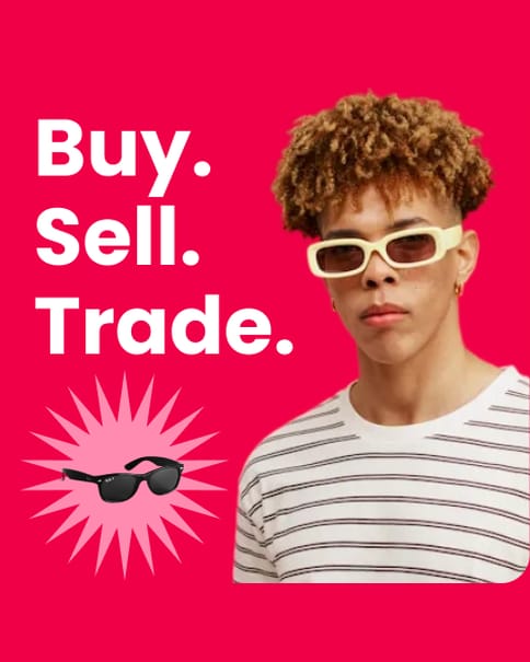 “Buy. Sell. Trade.” ad: man in a striped shirt and cream sunglasses on red