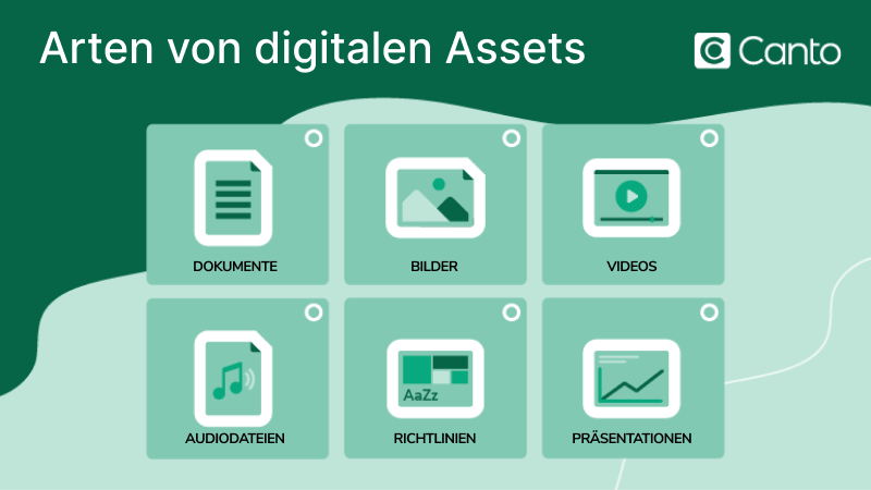 Eine Übersicht von Symbolen für verschiedene Dateitypen, die ein Digital Asset Management-System verarbeiten kann.
