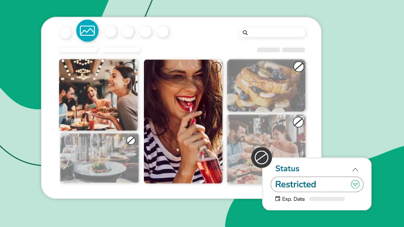 Bilder in der Benutzeroberfläche einer Digital Asset Management-Lösung, die je nach Genehmigungsstatus verfügbar oder gesperrt sind; daneben ein Dialogfeld zum Genehmigungsstatus.